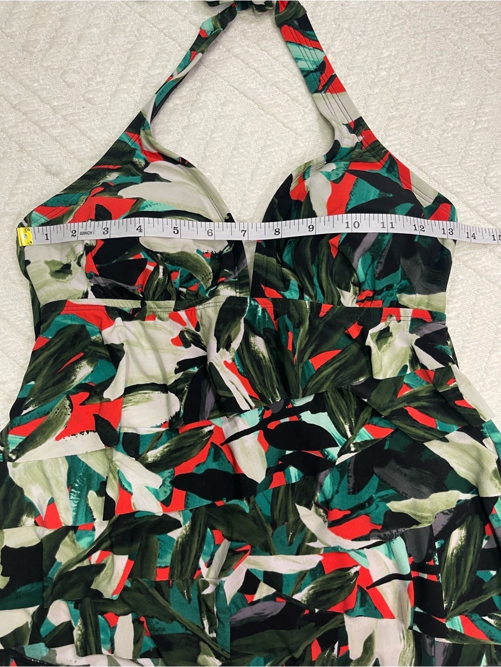 Aqua Green Black Tropical Print Swim Top with Green & Red - Picture 7 of 12